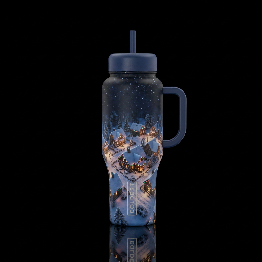 Aerial view of small rustic village with houses de... water bottle design