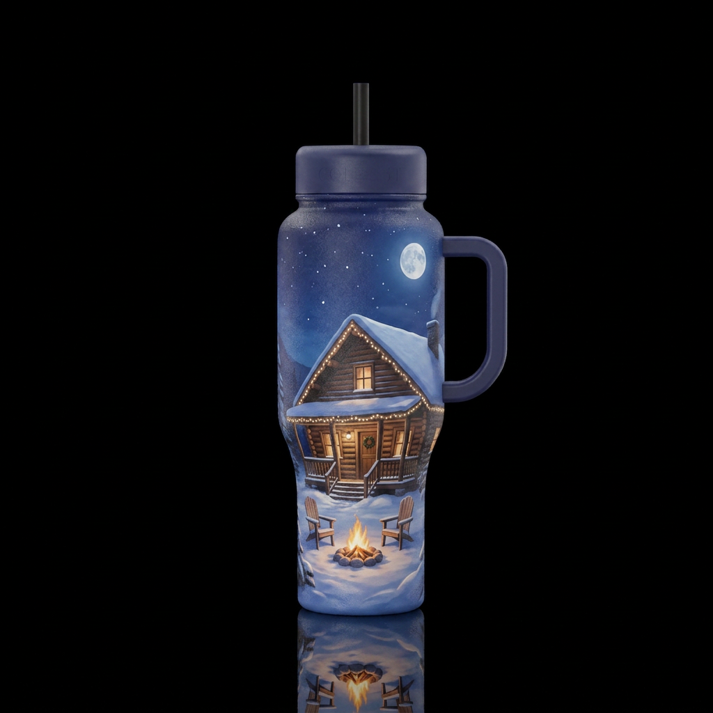 Log cabin on a moonlit night with snow covered gro... water bottle design