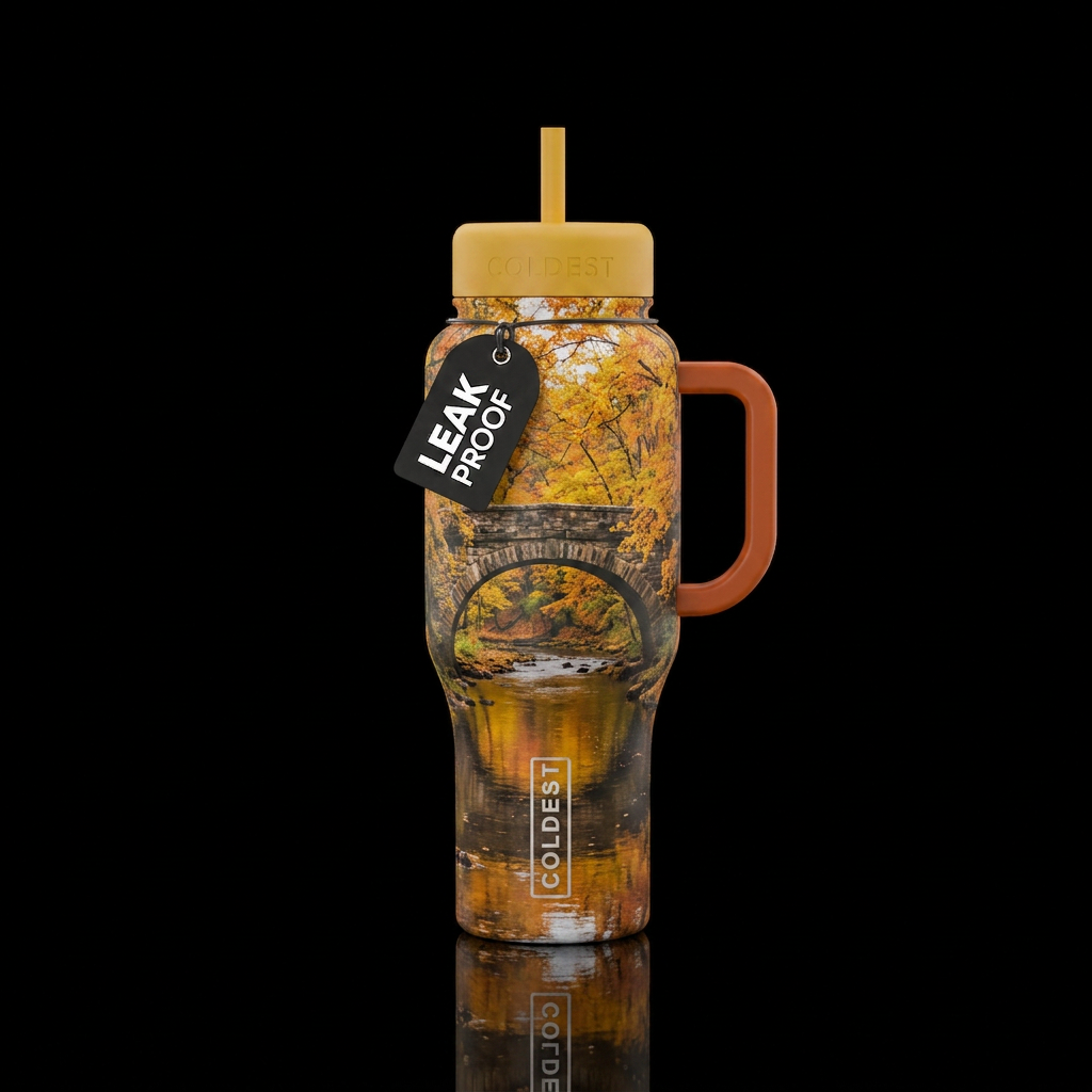 Stone bridge over water with yellow and orange aut... water bottle design