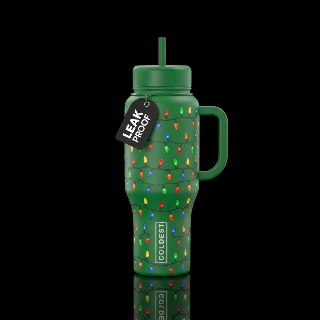 Christmas lights going all the way around. Green b... water bottle design