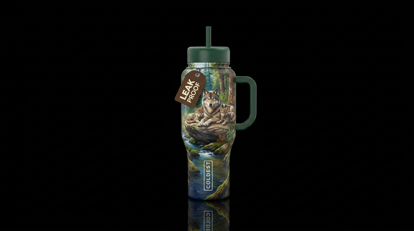 Background is the woods. Mama wolf with two wolf p... water bottle design