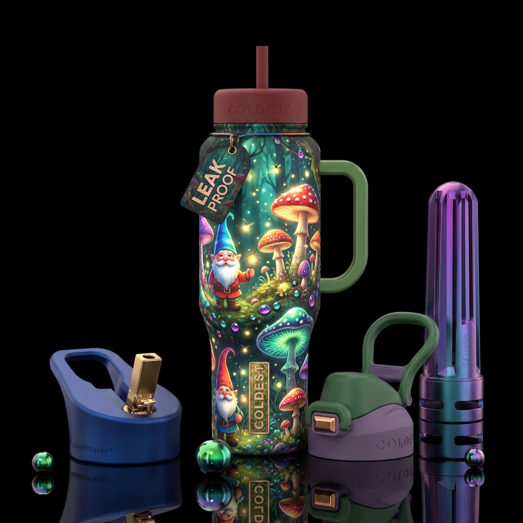 Gnomes mushrooms, magical, glowie, sparkly water bottle design