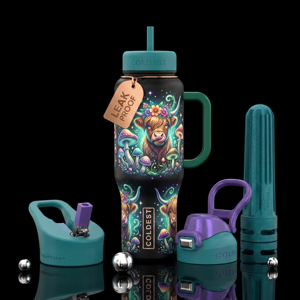 Highland cow, mushrooms, glowie, sparkly, funny, m... water bottle design