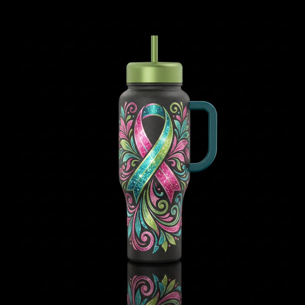 Metastatic breast cancer ribbon, sparkly hot pink,... water bottle design