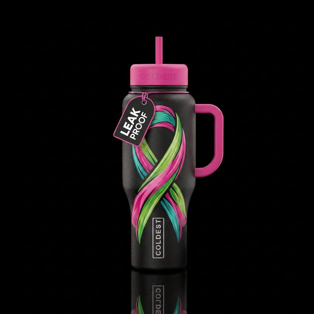Hot pink,lime green and teal as 1 cancer ribbon water bottle design