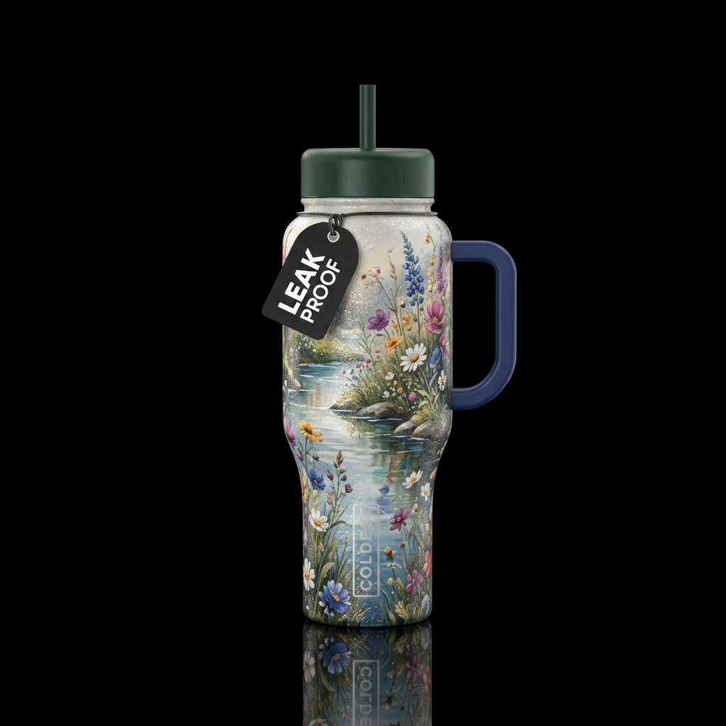 Wildflowers blooming near a creek, sparkly, elegan... water bottle design