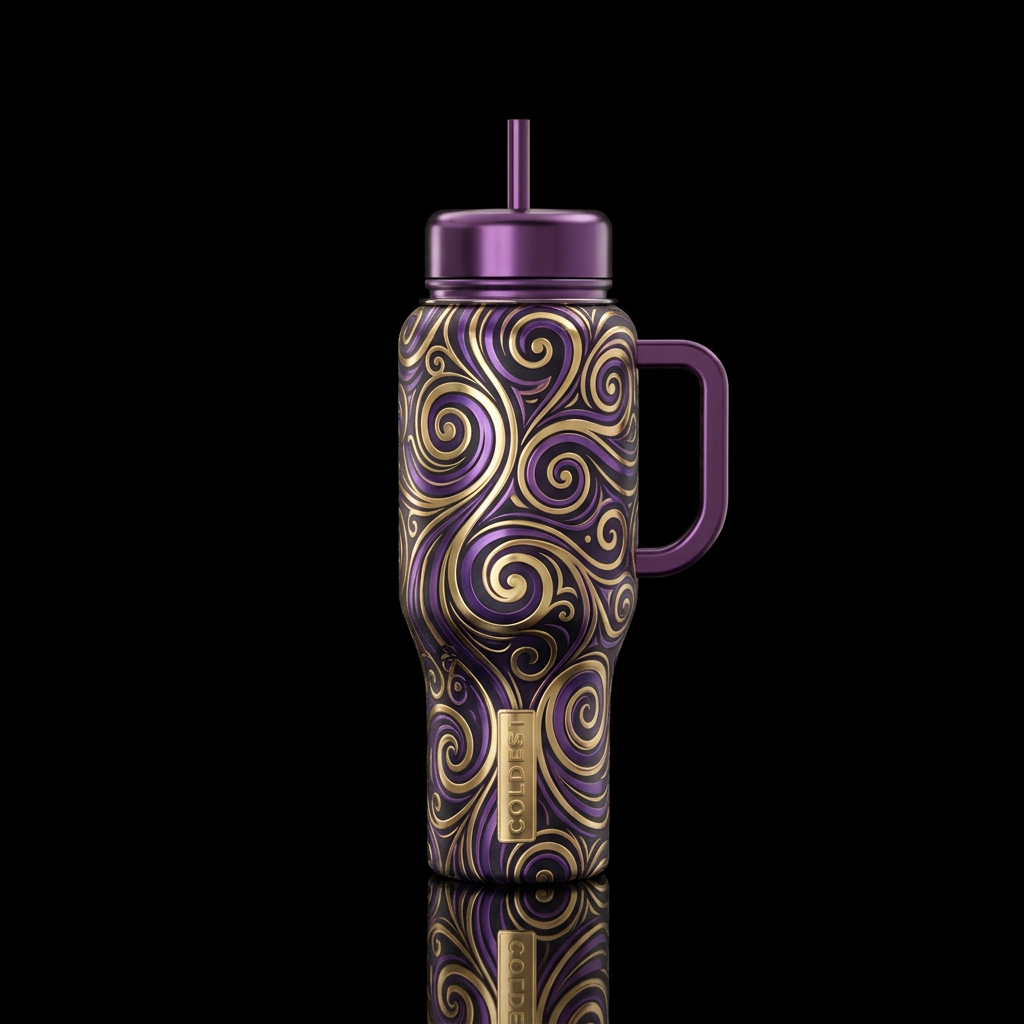 shades of  purple gold shiny, whimsical, spirals, ... water bottle design