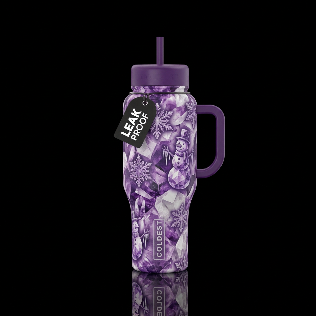 Purple white gemstone with snowman snowflakes water bottle design