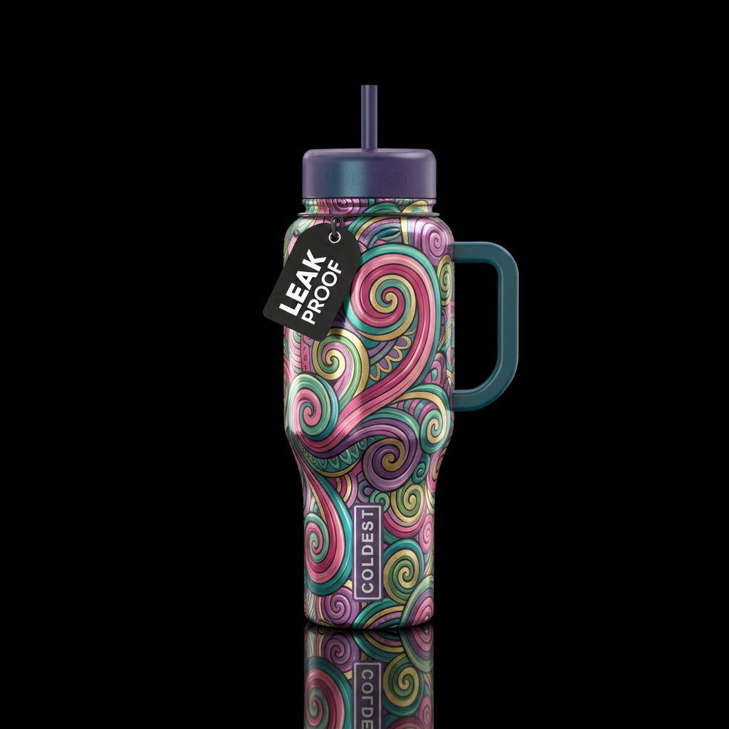 shiny, whimsical, swirls, spirals, pink, teal, pur... water bottle design