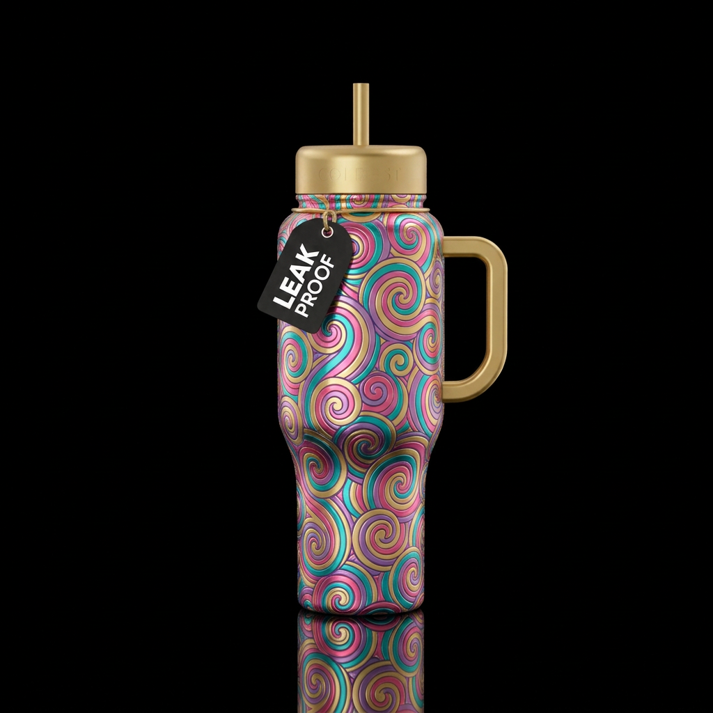 shiny, whimsical, swirls, spirals, pink, teal, pur... water bottle design