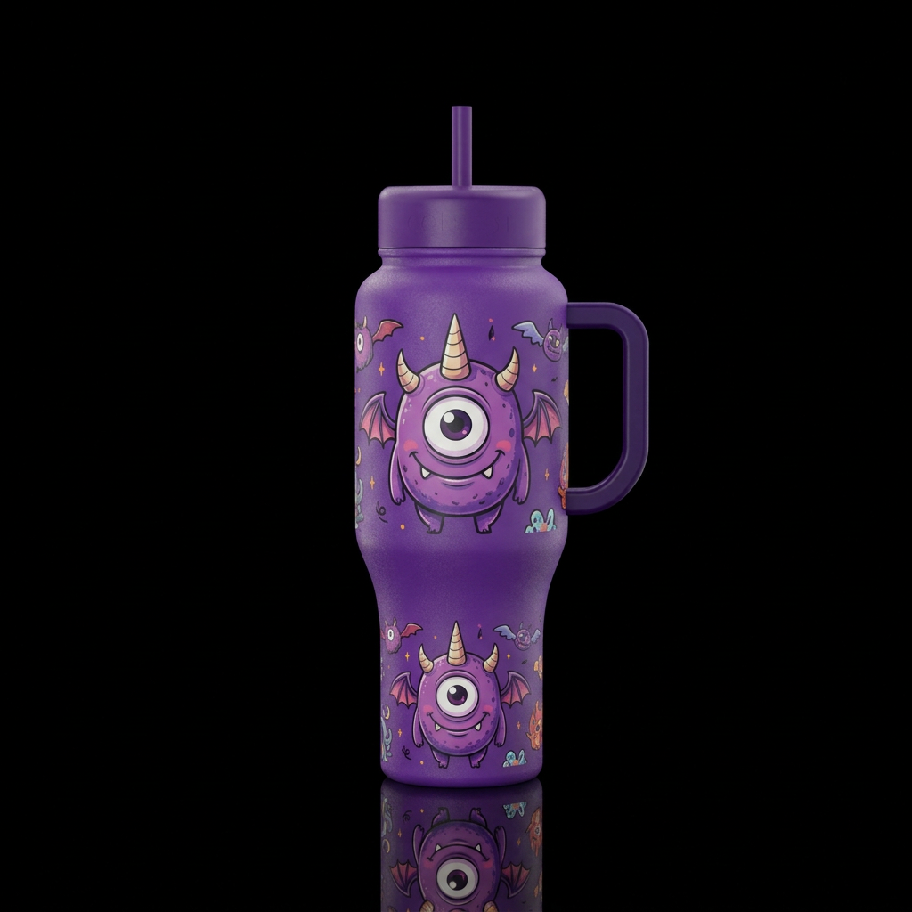 one eye one   horn flying purple people eater, whi... water bottle design