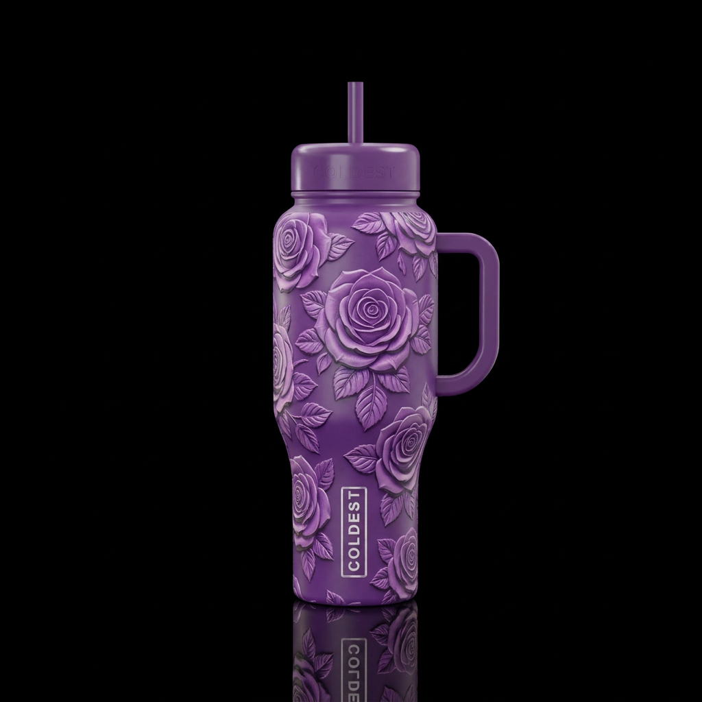 purple background, embossed roses water bottle design