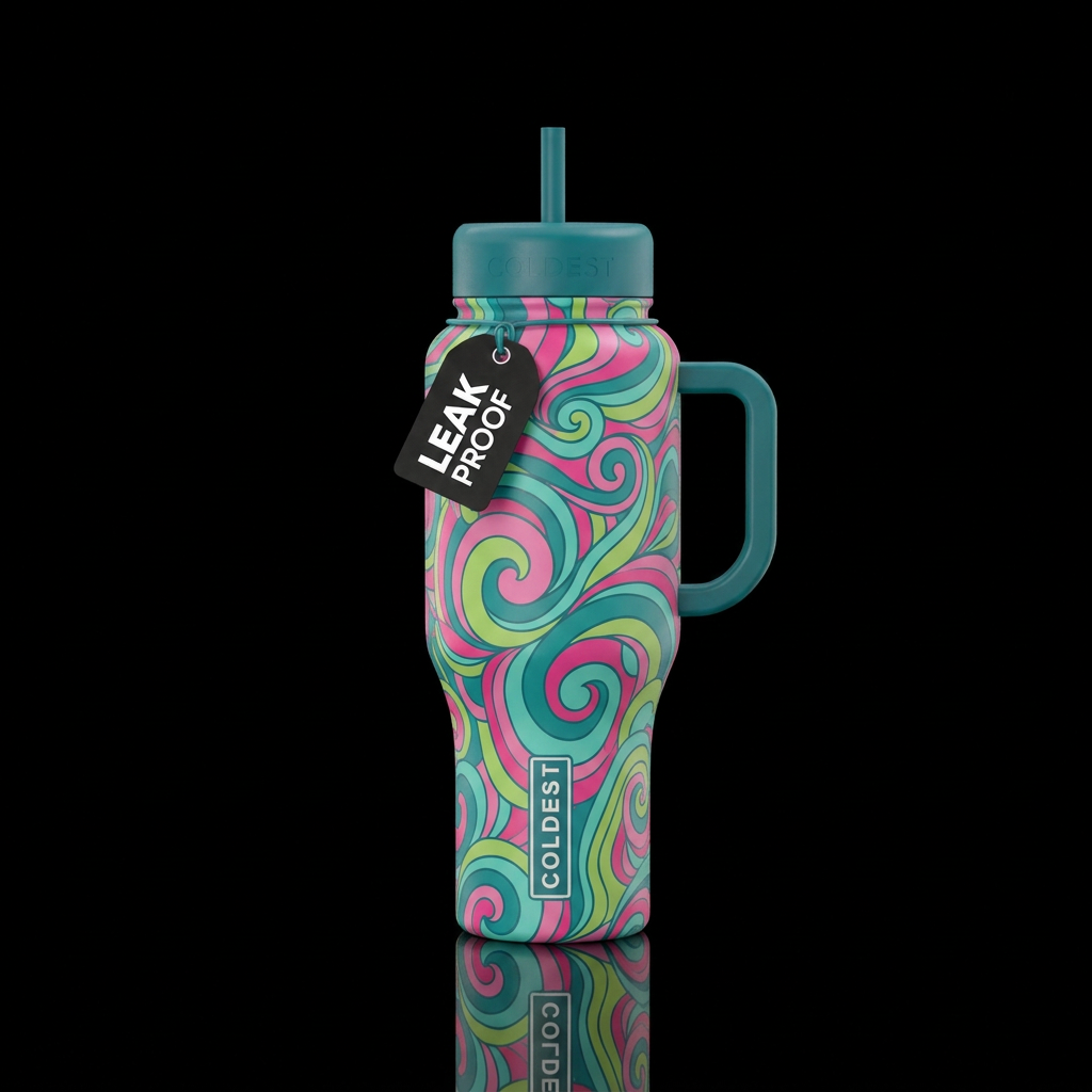 hot pink, teal, lime green,, swirls, whimsical water bottle design