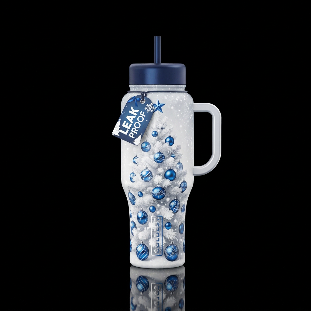white Christmas tree with shiny blue ornaments, sn... water bottle design