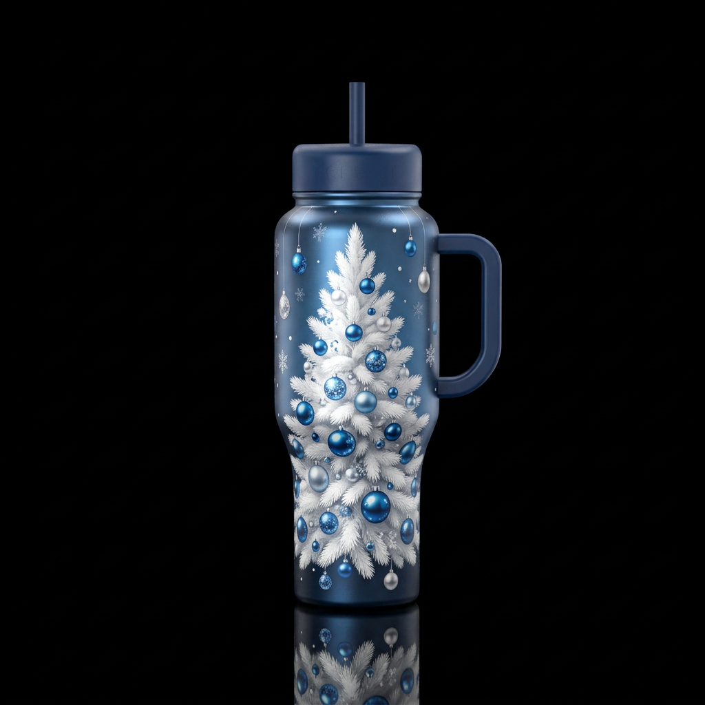 white Christmas tree with shiny blue ornaments, sn... water bottle design