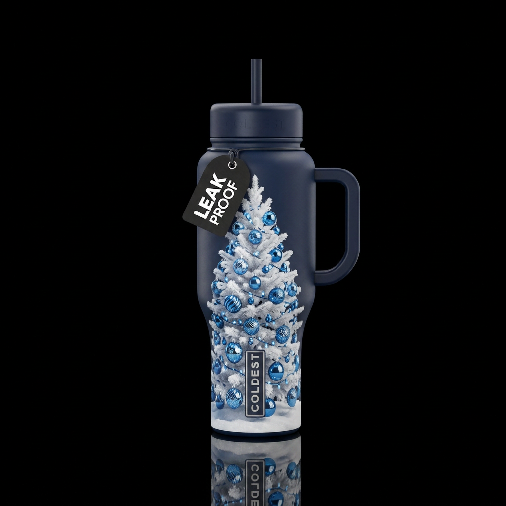 white Christmas tree withshiny blue ornaments, sno... water bottle design