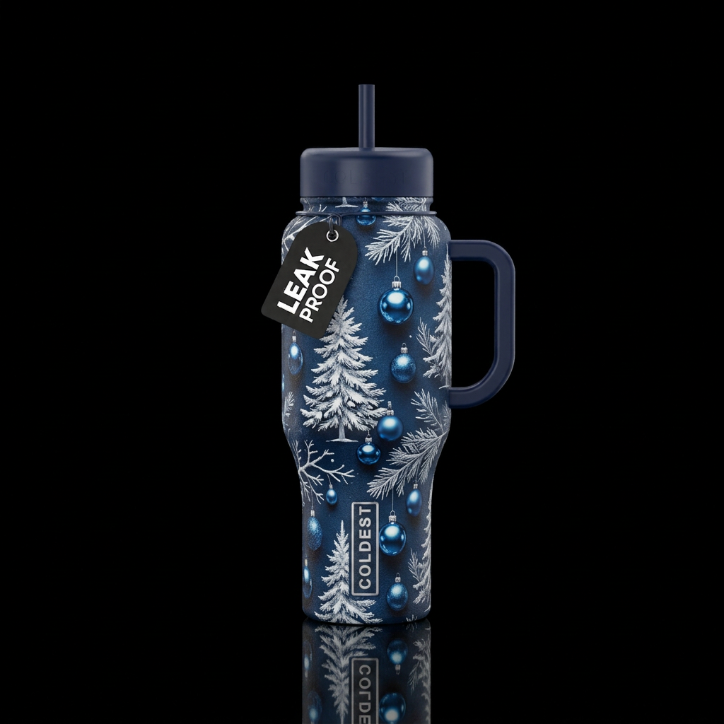Navy background, white Christmas tree, shiny blue ... water bottle design