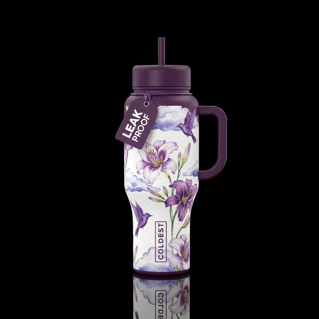 Purple whiteDaylilies,, watercolor,, clouds, birds water bottle design