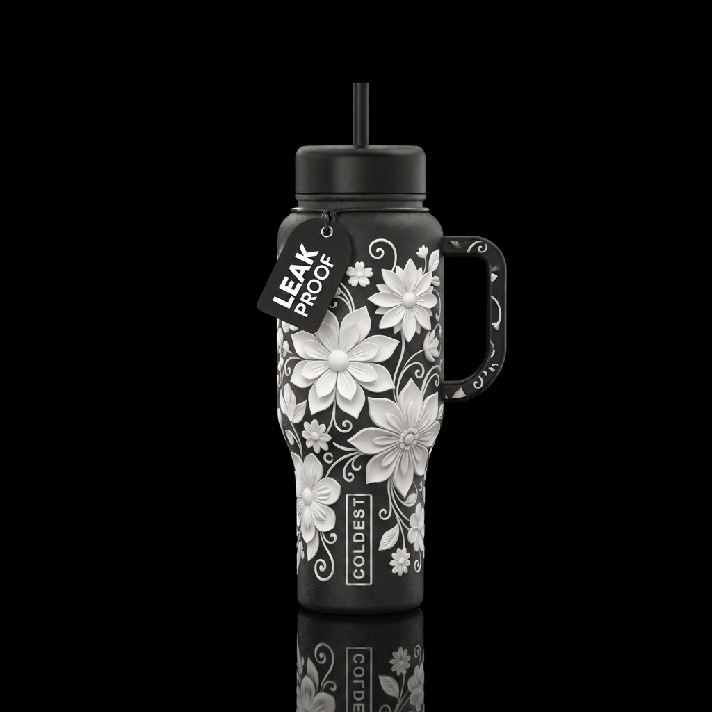 Black background, black lid and handle, white flow... water bottle design