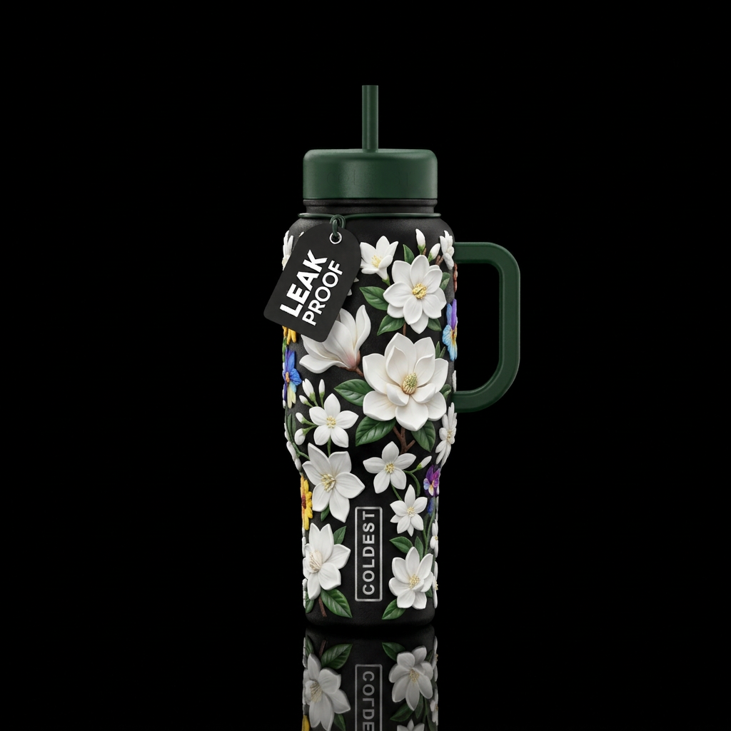 Black background, white flowers, 3d, water bottle design