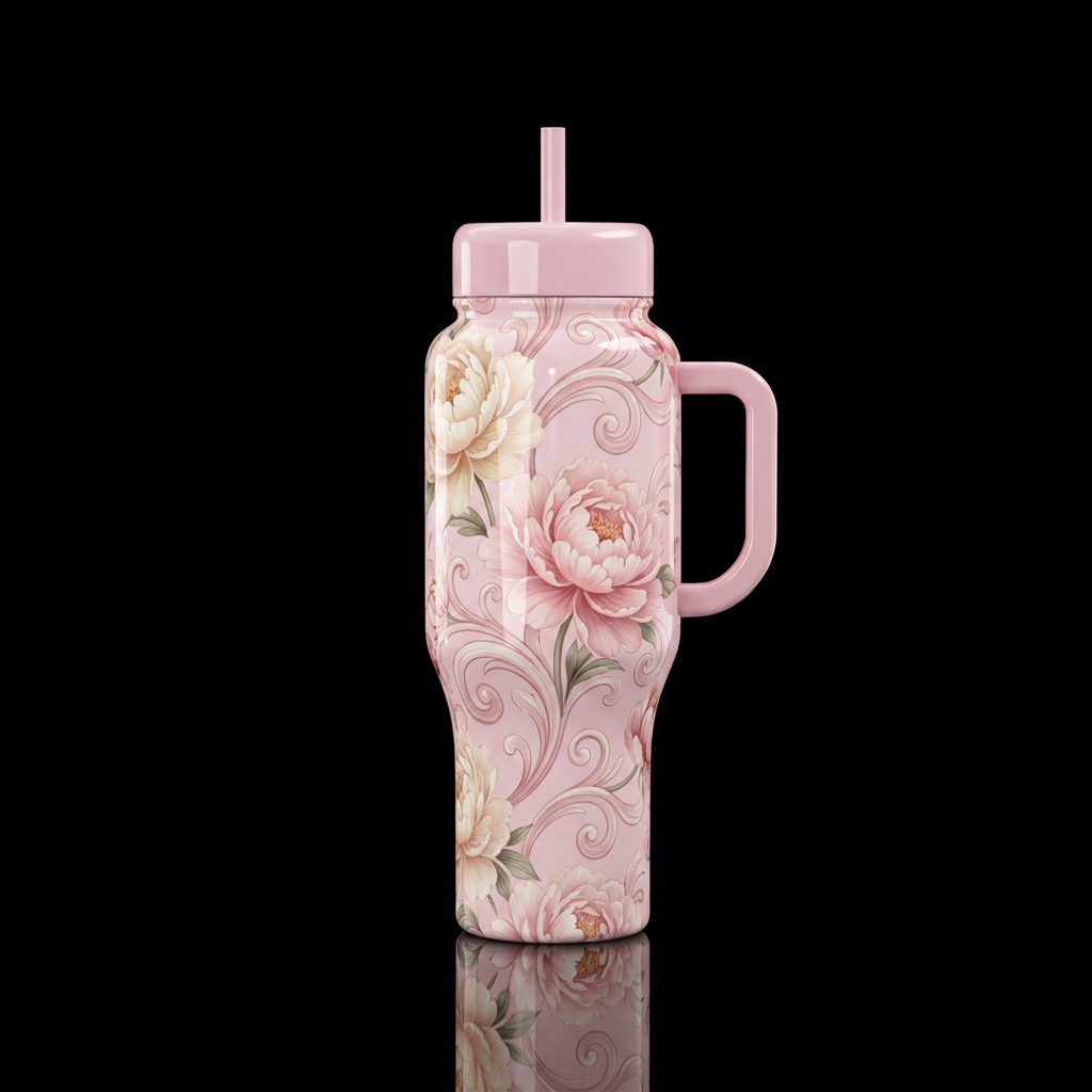 Pale pink background, pale peonies,, swirls, beaut... water bottle design
