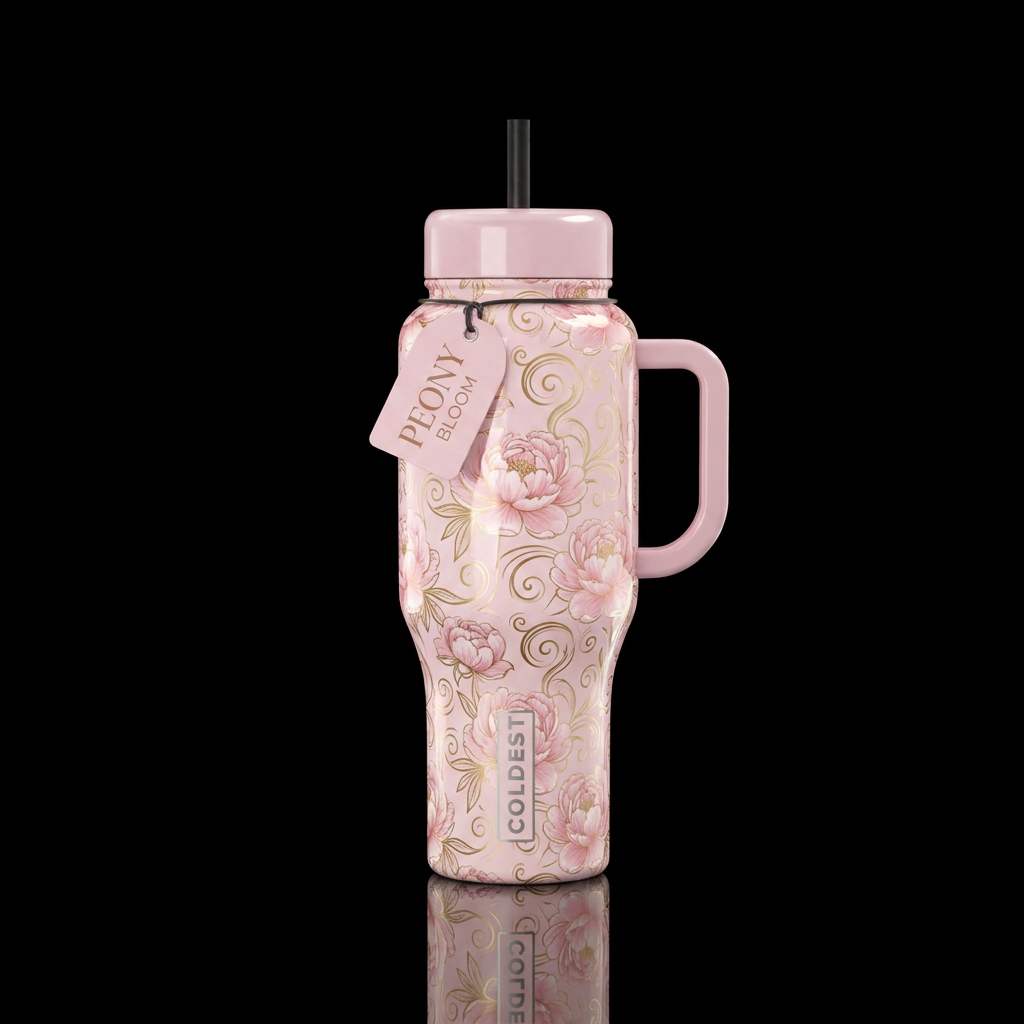 Pale pink background, pale peonies,, swirls, beaut... water bottle design