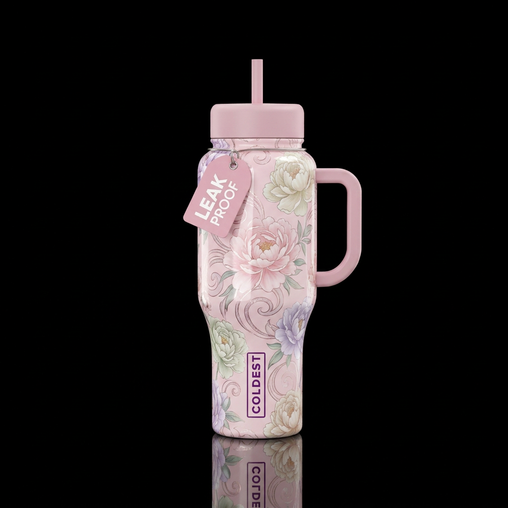 Pale pink background, pale peonies,, swirls, beaut... water bottle design