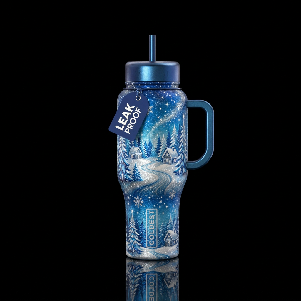 Winter wonderland,, beautiful, sparkly, whimsical, water bottle design