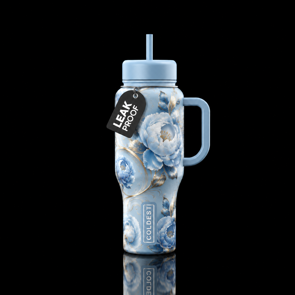 Pale blue,peonies,, swirls, beautiful, shiny water bottle design