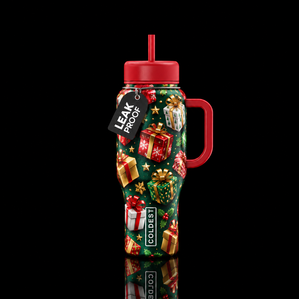 Christmas gifts all over,, shiny, whimsical, water bottle design