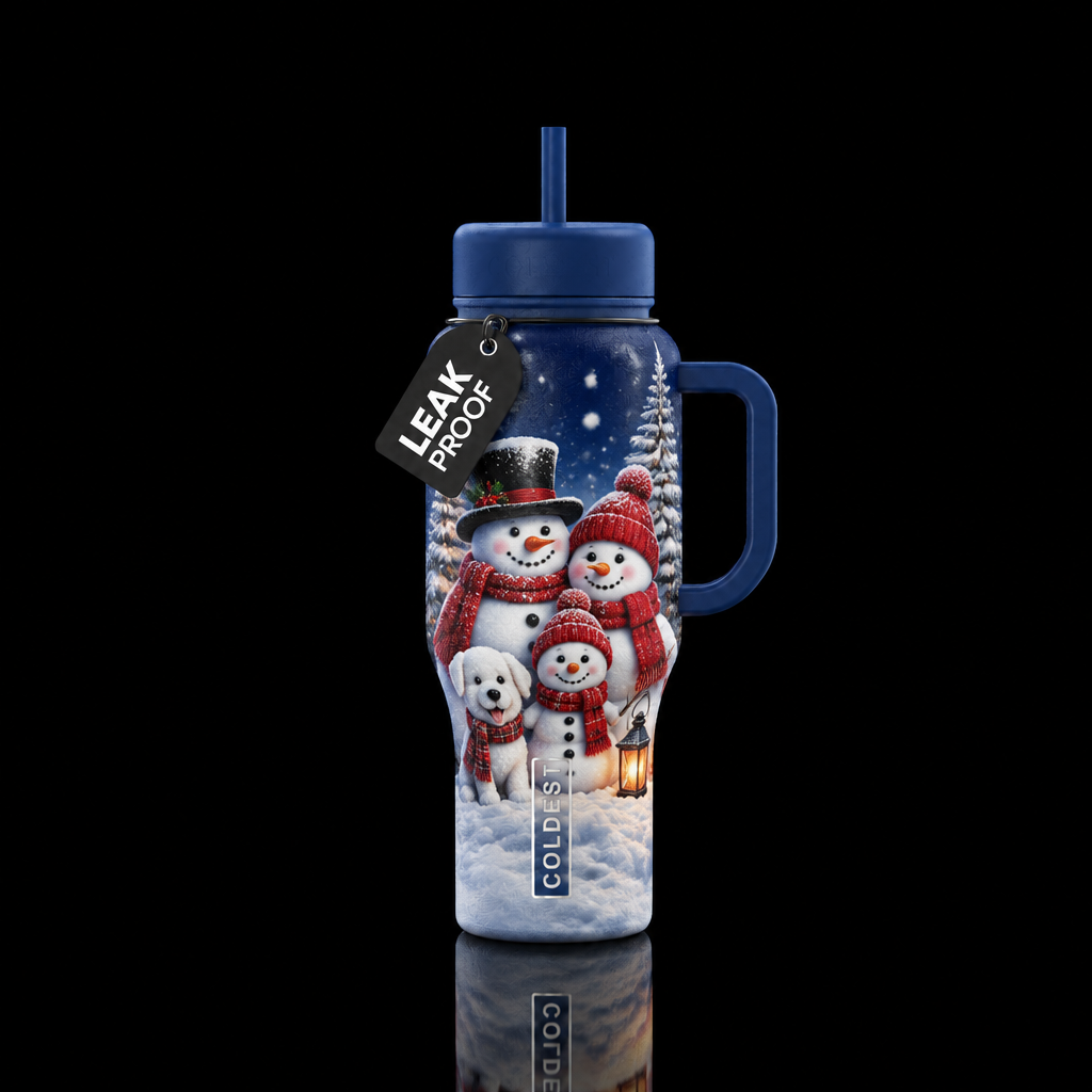 Snowman family, snowman dog, snowing, whimsical water bottle design