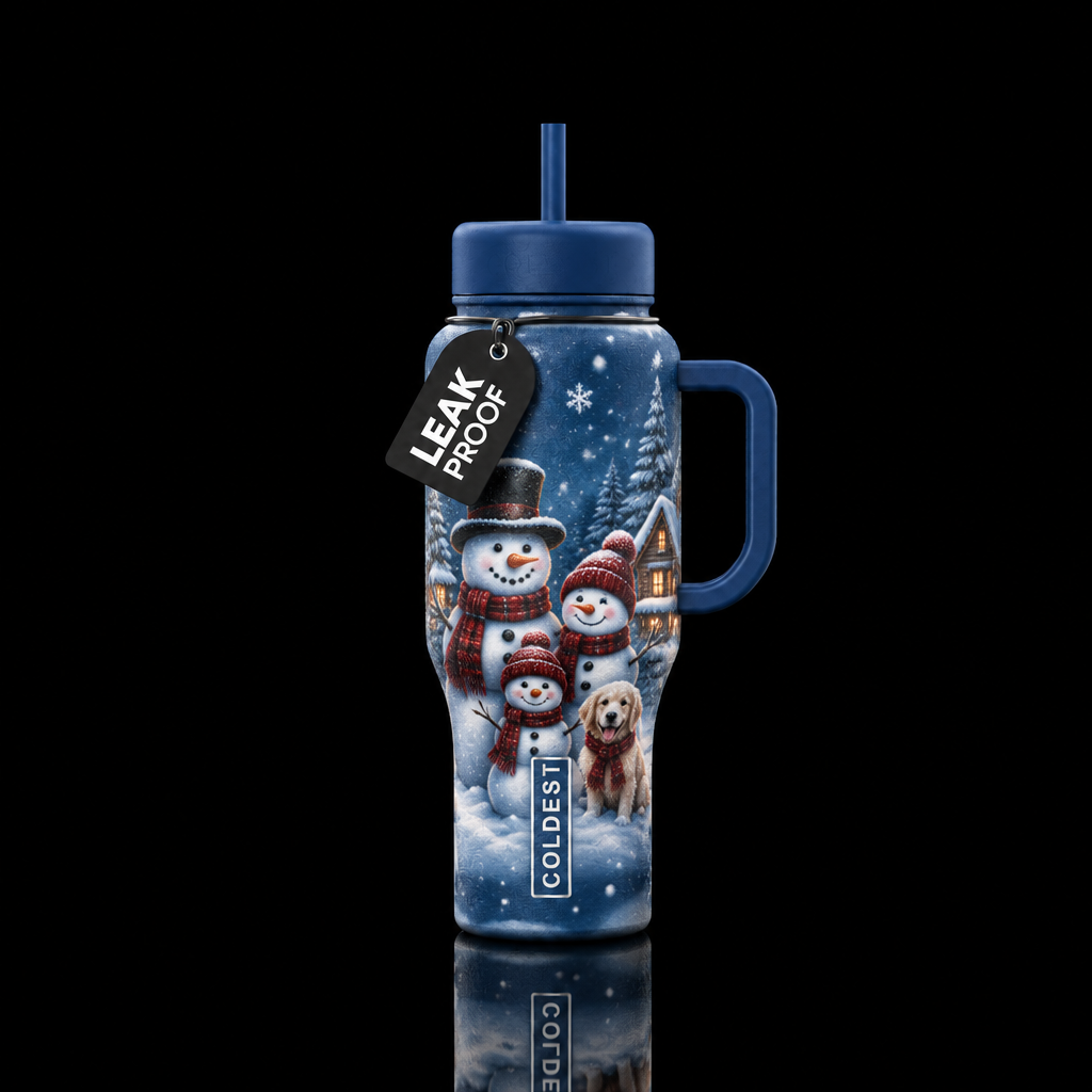 Snowman family, snow dog,snowing, whimsical water bottle design