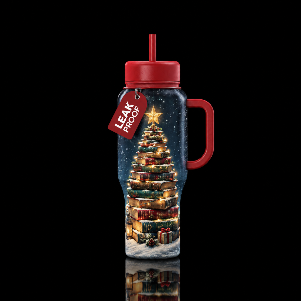 Christmas tree made out of books,  snowing,, whims... water bottle design