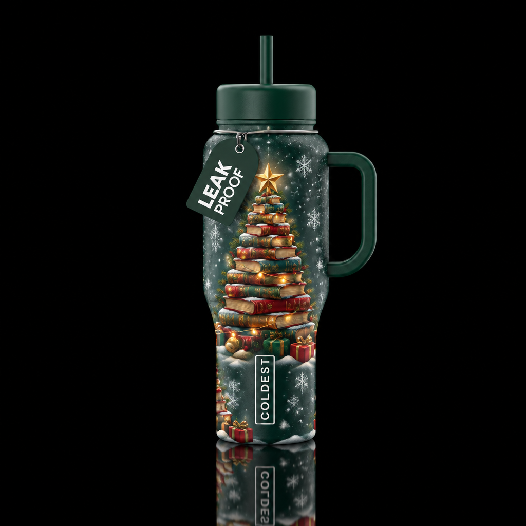 Christmas tree made out of books,  snowing,, whims... water bottle design