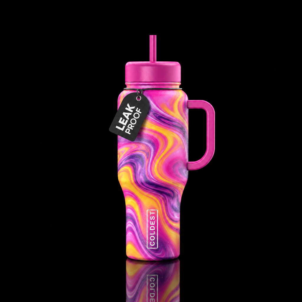 Pink,purple,yellow,, swirls, whimsical water bottle design