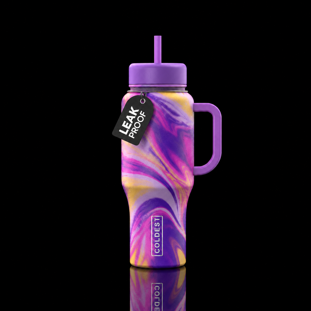 Purple, pink, yellow, lilac, swirls, whimsical water bottle design