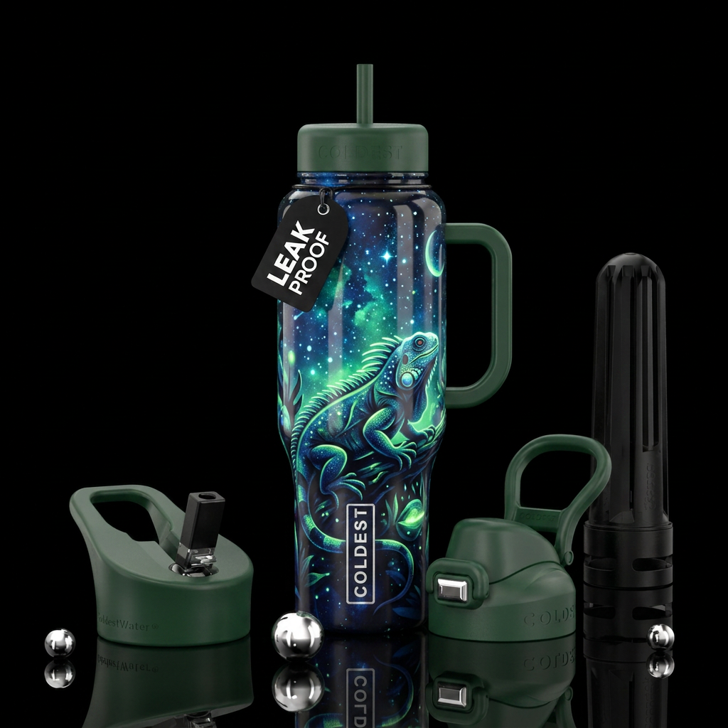 starry night, iguana, glowie, summer vibes, dark m... water bottle design