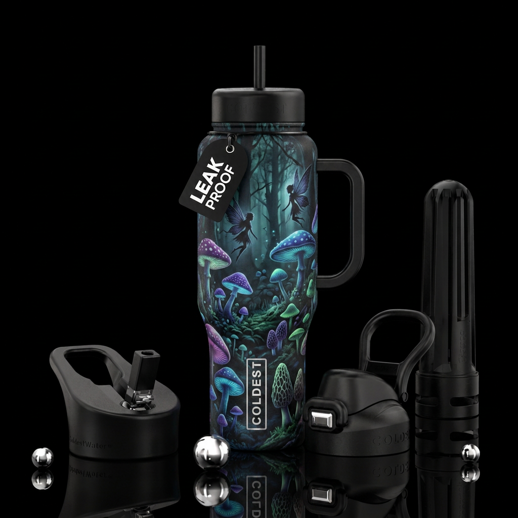mushroom forest,, dark mood, magical, haunted fair... water bottle design