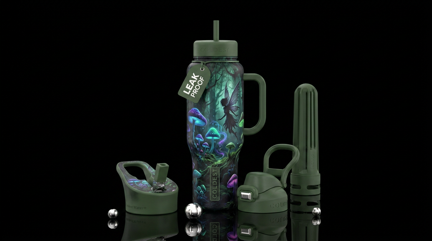 mushroom forest,, dark mood, magical, haunted fair... water bottle design