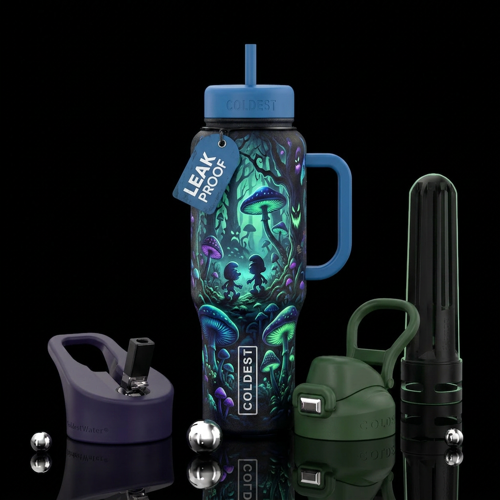 Mushroom forest, abstract, haunted, darkness, glow... water bottle design