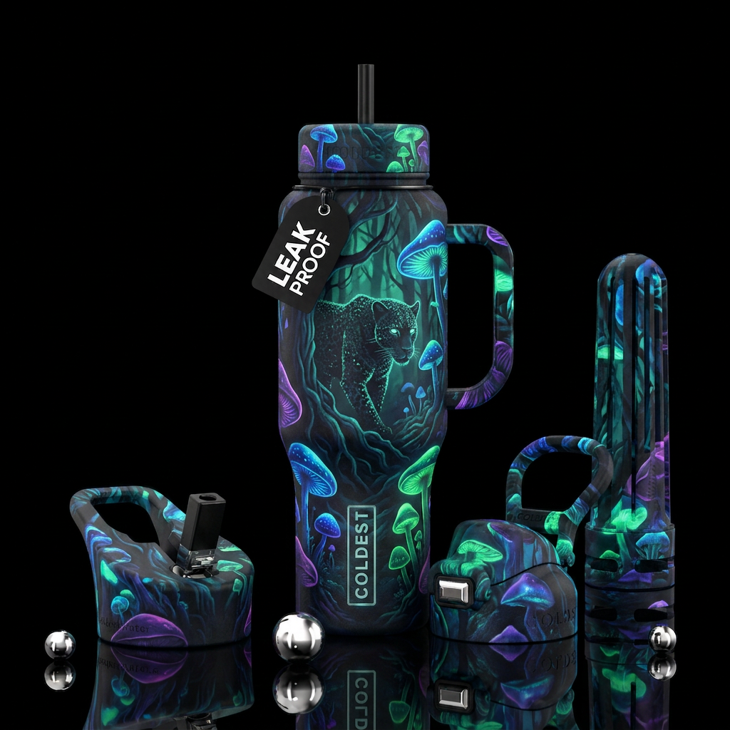 haunted, magical, darkness, glowie, jaguar, mushro... water bottle design