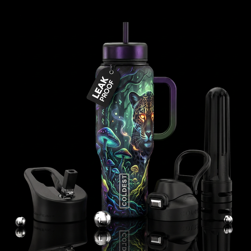 haunted, magical, darkness, glowie, jaguar, mushro... water bottle design