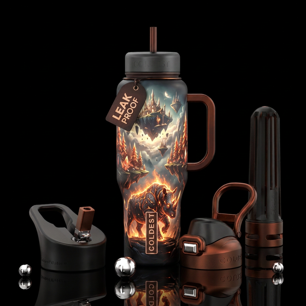 sky kingdom, rhino, glowie, firery, trees, darknes... water bottle design