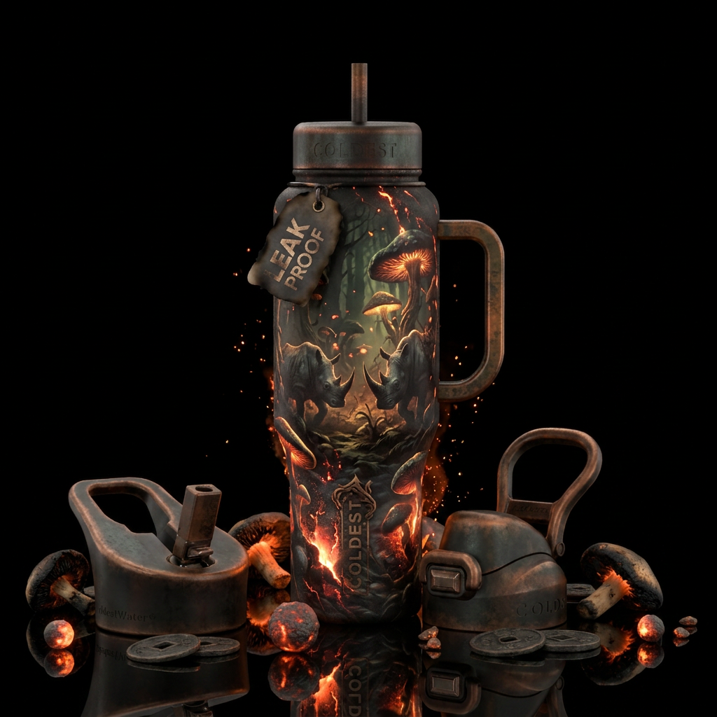 darkness, haunted, firery, glowie, rhinos, mushroo... water bottle design