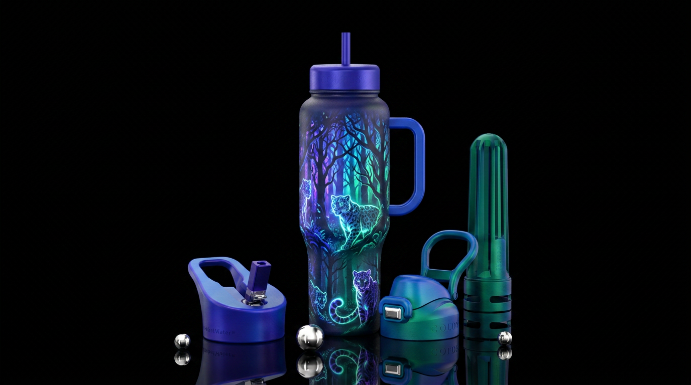 glowie, magical, snow leopard, dark mood, trees water bottle design