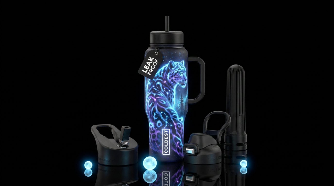 glowie, magical, snow leopard, dark mood, trees water bottle design