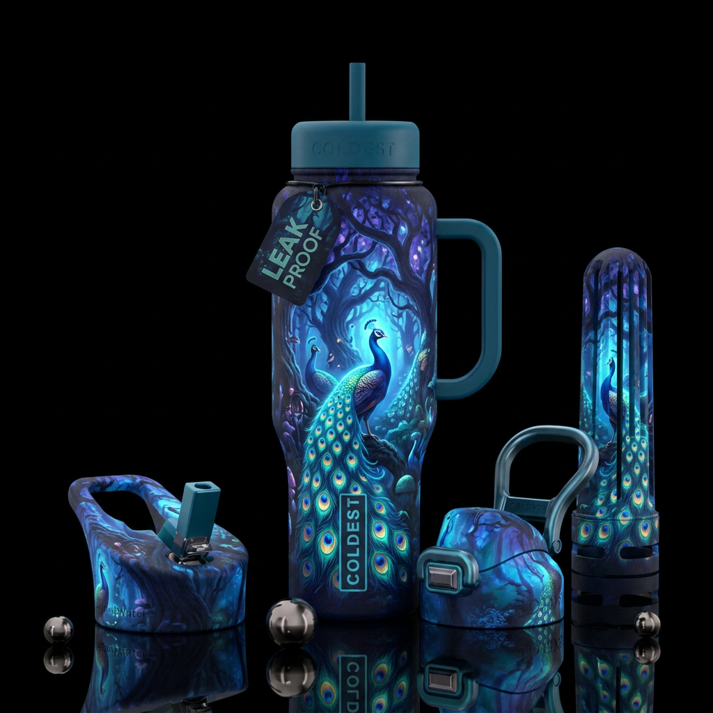 darkness, magical, glowie, trees, peacock water bottle design
