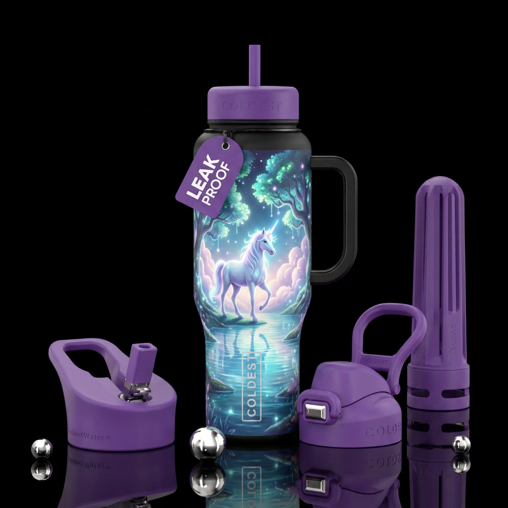 unicorn, glowie, calm waters, magical, trees, clou... water bottle design