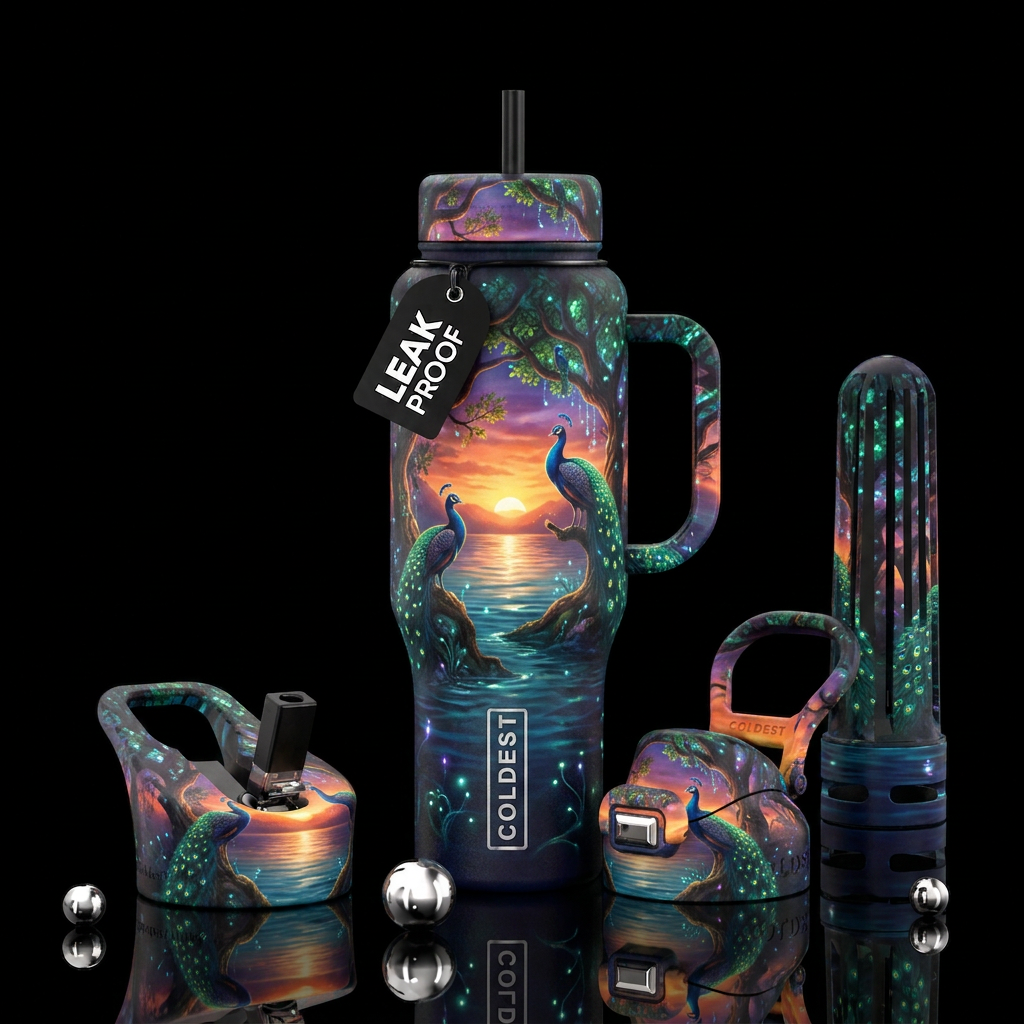 sunrise, peacocks, glowie, beautiul, magical, tree... water bottle design