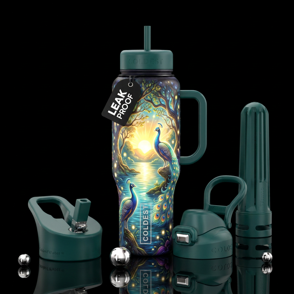 sunrise, peacocks, glowie, beautiul, magical, tree... water bottle design